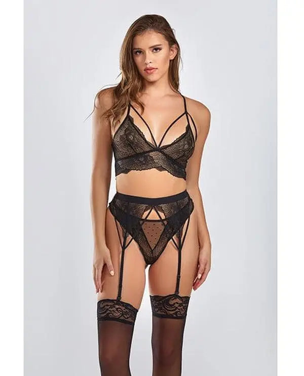 Women's Sexy 3-Piece Lingerie Set - Everly Dot Mesh, Galloon Lace Strappy Bra, Garterbelt, Hipster Panty, Matching Black Nylon-Spandex Blend Underwear, Garter/Hosiery Compatible, Cold Hand Wash, Do Not Bleach