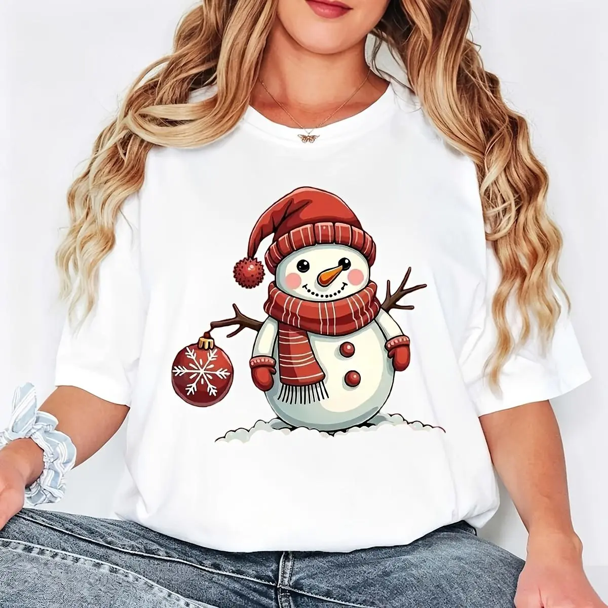 Women's Essential T-Shirt, Casual Christmas Snowman Graphic Print, Breathable 100% Cotton Fabric Top for Winter Holiday & Gym Wear, Flat, Oversized, Tee, Tops