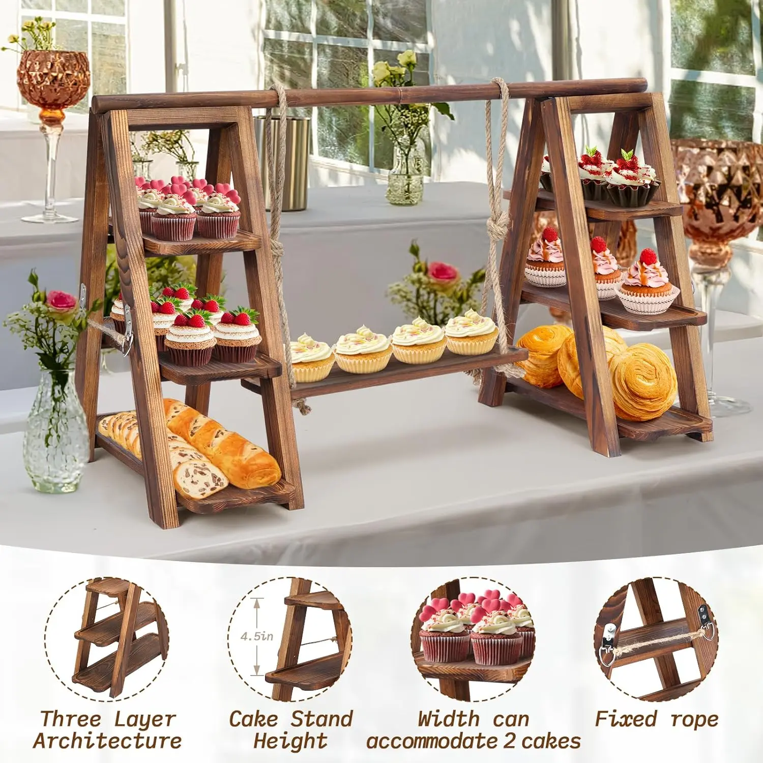 Natural Wood 3 Tier Serving Tray, Cake Stand, Bread Basket, Farmhouse Dessert Display Stand for Wedding, Party And Charcuterie