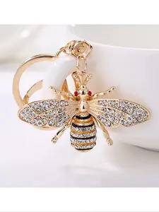 Bee Pendant Keychain, Alloy with Rhinestones, Waterproof Durable Bee Shape, Shiny Gemstone, Lobster Clasp, Wallet Bag Accessory