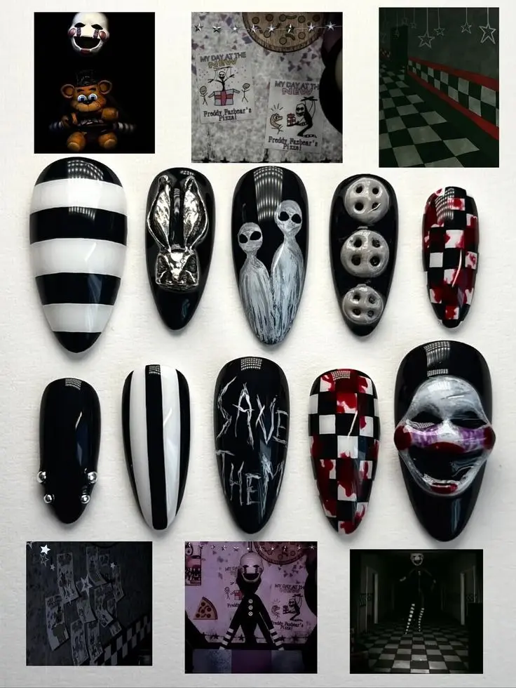 Five Nights at Freddy's Inspired Press On Nails – Handmade Gothic Alt Gel Nails with 3D Freddy & Puppet Art | Reusable Glossy Fake Nails with Gift Set (Adhesive Tabs, Nail File, Cuticle Stick)