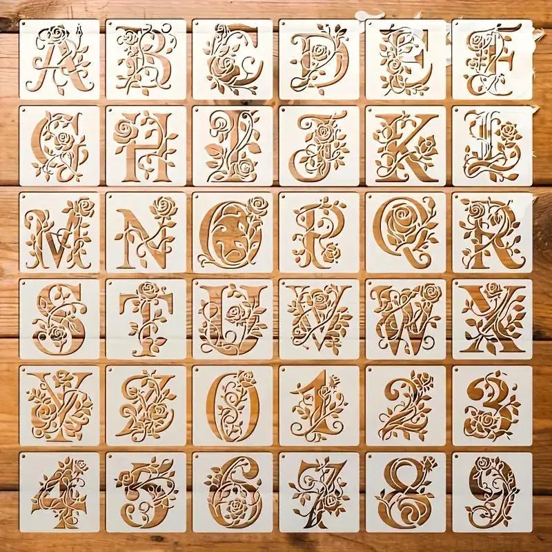 36 Floral Letter Templates, Reusable Rose Letters for Wall Stickers, Pillows, T-Shirts, Engraving, Plates, Glass Cups, Wallets, Cards