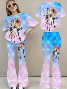 Gradient Color K-Pop Girl Group Print Short Sleeve Bell Bottoms Set, Trendy Cartoon Casual Two-Piece for Girls Casual Loungewear Set