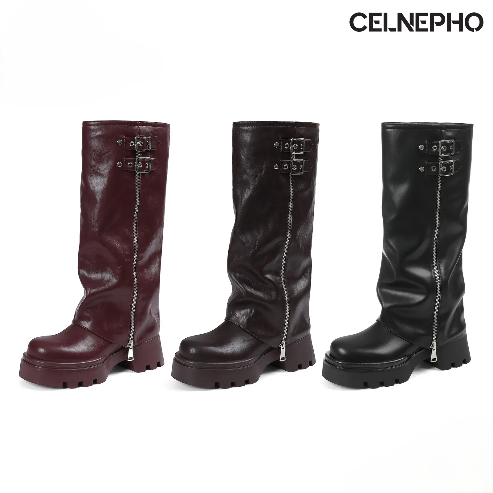 CELNEPHO Womens Fashion Boots Round Toe Chunky Platform Heel Goth Slouchy Booties Side Zipper Closure Easy Pull on Knee High Biker Boot Metal Buckle Design Combact Boots Riding Party Casual Daily Wear Trendy Dress Shoes