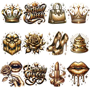 12-Pack Golden Birthday Queen themed iron-on decal T-shirt heat transfer suitable for DIY, gilding, fashion, T-shirts, masks, jeans, backpacks, hats, pillows Easily heat press decals to create a personalized style Washable heat transfer stickers