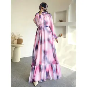 [Elegant Maxi Dress] Casual Summer Elegant Long Sleeve Geometric Pattern Maxi Dress with Belt |   Loose Fit, Flowing Design for Women - Perfect for Casual Summer Outings, Flowing Fit Dress, Belted Waist, Maxi Dress