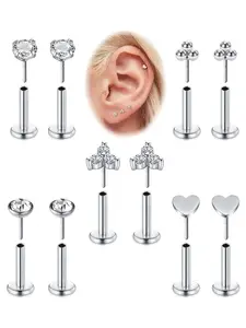 Stainless Steel Push in Earrings CZ, 20G Threadless Earring for Women, Flat Back Stud Earrings, Cartilage Helix Tragus Lobe Stud Labret Monroe Threadless Nose Studs Lip Ring Body Piercing Jewelry