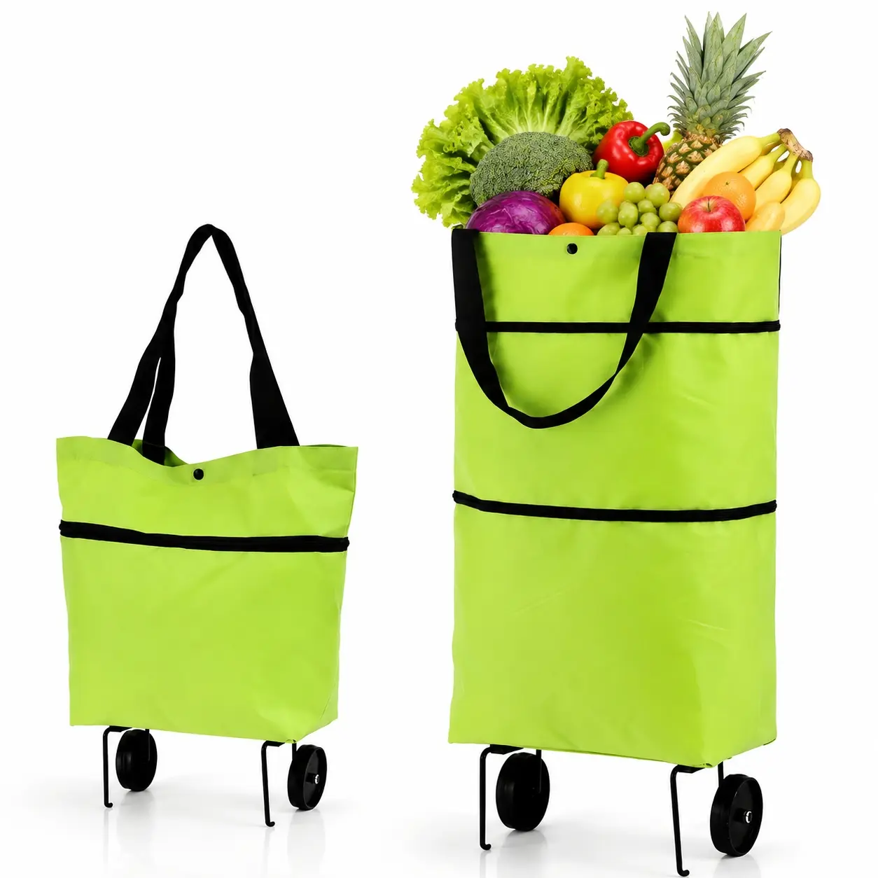 【Summer Sale Deals】2 in 1 Foldable Shopping Trolley Bag with Wheels, Silent Wheels, Sturdy Stand - Portable Home Utility Cart for Storage Organization, Household Use, Kitchen, Room Storage