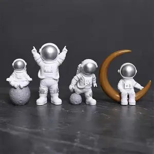 Silver White Astronaut Statues Set of 4, Spaceman Sculptures Figurines Space Theme Decor for Room Shelf Desk Cake Toppers