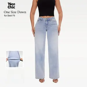 Crisp Mid-low Rise Baggy Jeans Stretchy Wide Leg for Women Distressed Pants Light Blue/Dark Blue Womenswear Bottom 8001 Lady Basic Minimalist Comfortable Denim Tummy Control Curve Hugging Plus Size Regular Size BBL