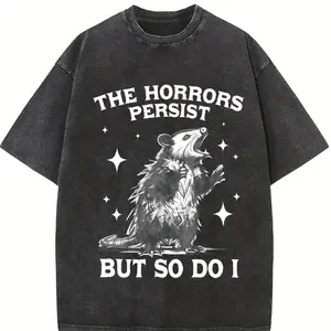 180g[100%cotton]The Horrors Persist But So Do I Possum Tee Heavyweight Washed Oversized T-Shirt Unisex Vintage Graphic Meme Top