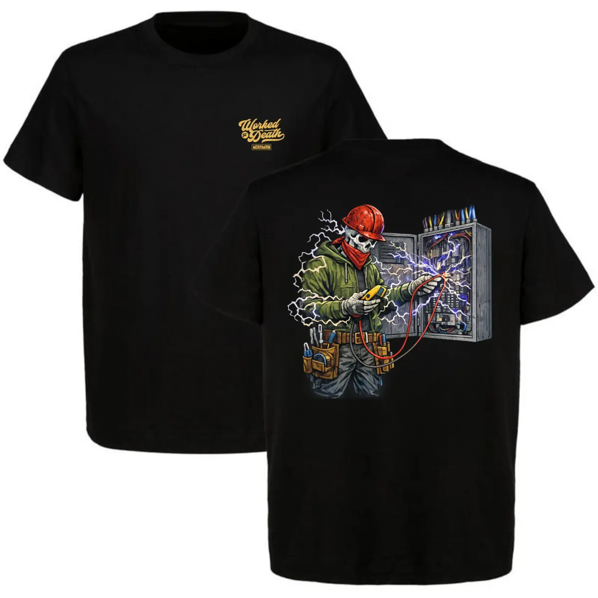 Worked to Death Electrician Skeleton Shock Panel T-Shirt Funny HVAC Lineman Electrician Tradesman Graphic Tee Blue Collar Gift Black