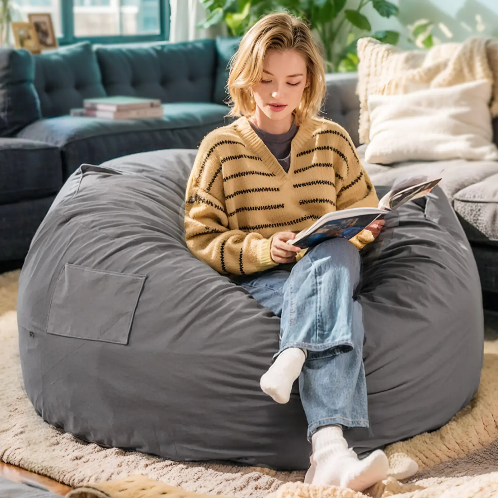Oversized 3/4FT Bean Bag Chair for Gaming Reading Lazy Sofa Foam Filled Couch with Removable Cover Living Room Furniture Lounge Home Round Modern Ergonomic Beanbag Seater patio furniture set