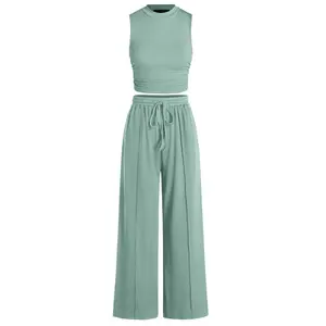 ComfortZone Women's Summer 2-Piece Outfits - Ribbed Knit Crew Neck Sleeveless Cropped Top & Wide Leg Pants Lounge Set # Outdoor fun