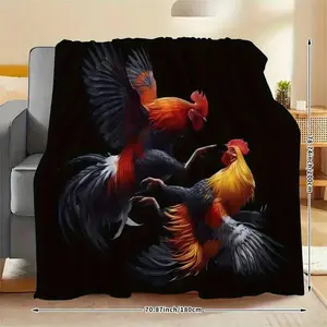 Country Farmhouse Aesthetic Rooster Fight Flannel Blanket Soft Warm Throw Red Roosters Combat Design Durable Polyester Blend Eye Catching Pattern Unique Gift Dad Farmer