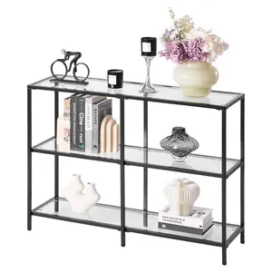 VEVOR 3-Tier Glass Console Table, Modern Rectangle Sofa Side Table with Tempered Glass Top and Iron Legs, Golden Consloe Desk with Anti-Tip Device for Living Room, Hallway, Entryway, Foyer, Black
