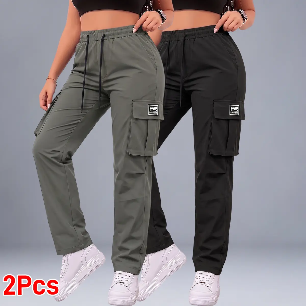 2PCS women’s cargo pants: casual, elastic waist, pockets; suitable for summer outfits, everyday commuting and casual wear; minimalist bottoms, basic style; vacation and beach wear; sporty casual style; comfortable loose fit; summer women’s casual pants; c