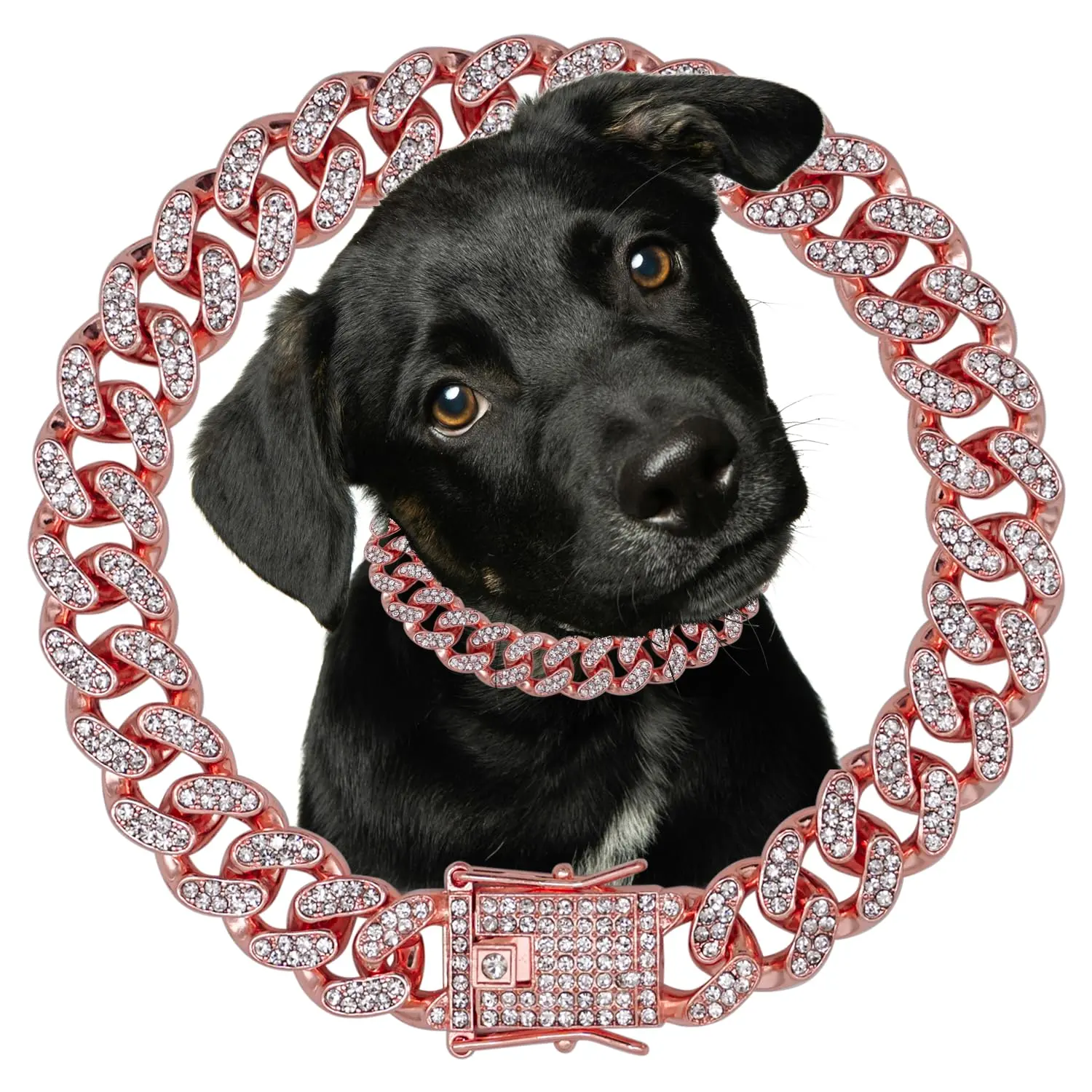 1-Piece Cuban Link Chain Dog Collar - 12mm Wide Rose Gold Zinc Alloy, Rust-Resistant, Diamond-Accent, Lightweight, Safety Clasp, Multi-Size Pet Neck Accessory (1.0-2in Neck Circumference, Ideal for Birthdays)