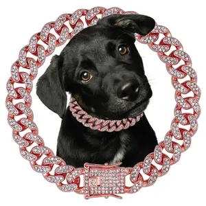 Dog Chain Diamond Collar Rose Gold Walking Metal Chain 12 mm Wide Necklace with Secure Buckle Pet Cuban Style Collar Jewelry Accessories for Small Medium Large Dog Cats