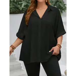 Plus Size Solid Black Batwing Sleeve Casual Shirt Women's Elegant Chic Blouse Lightweight Fit Tops