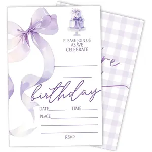 Purlpe Bow Birthday Party Invitations 20 Pack Girls Birthday Invite with Envelopes Cute Birthday Party Invitation Cards for Kids Party Decorations Supplies (4''x6'') A08