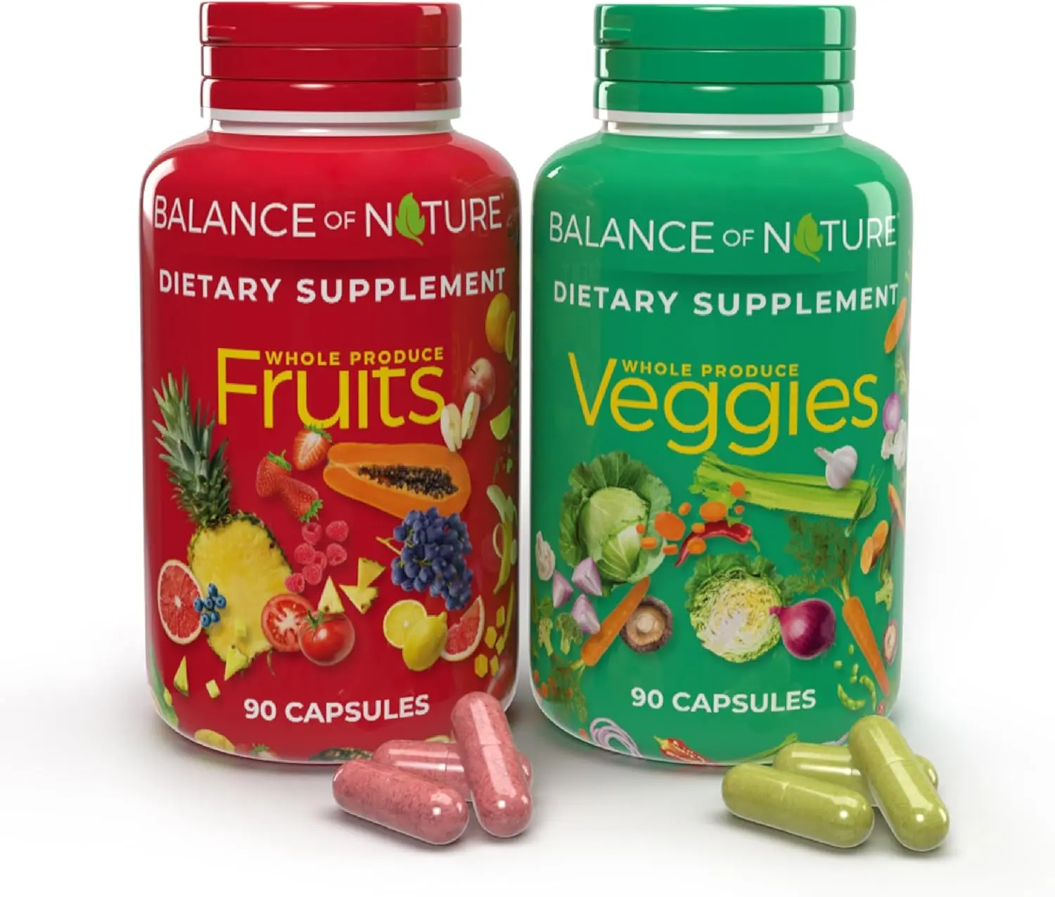Balance of Nature Fruits & Veggies Supplements - 90 Fruit & 90 Veggie Capsules - Whole Fruit & Vegetable Ingredients for Women Men & Kids - 1 Set