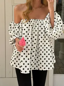 Women Off Shoulder Polka Dot Blouse Loose Puff Sleeve Top Flowy Boho Peasant Shirt Elastic Neckline Casual Summer Beach Vacation Chic Oversized Top White Black