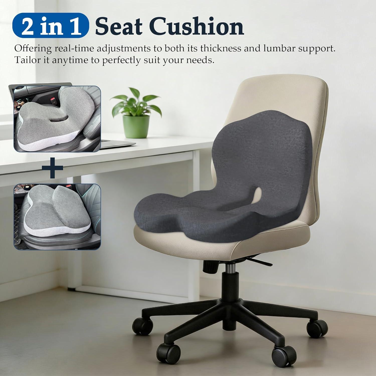 Non-Slip Memory Foam Seat Cushion, Skin-Friendly Material, Extended Zipper Design for Easy Removal and Cleaning, Comfortable Back Support, Breathable Fabric, Helps Relieve Leg Pressure, Black/Gray