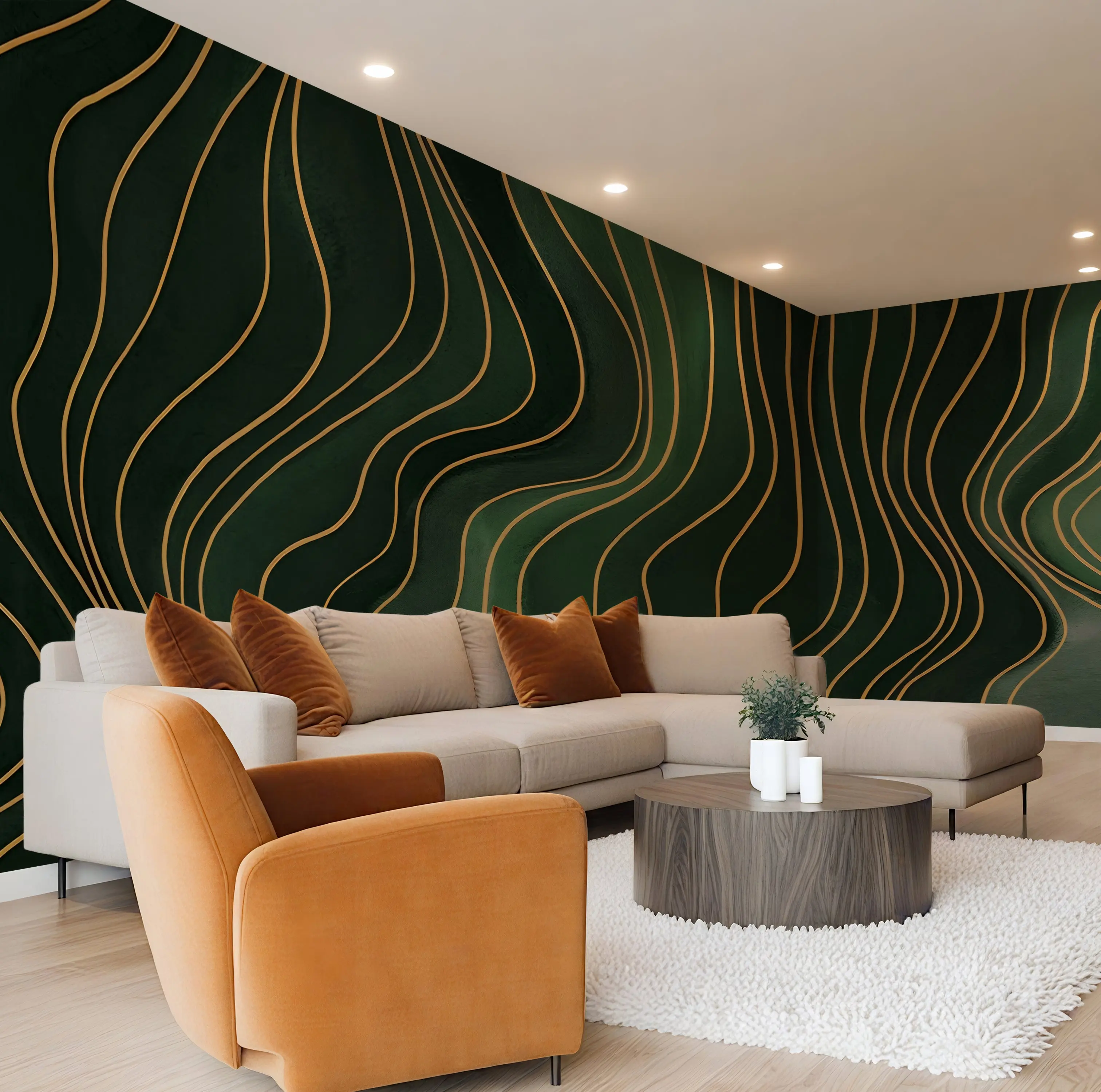 Forest Green Wavy Lines - Abstract Luxury Wallpaper Mural