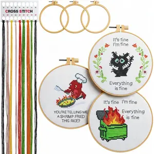 3 Sets Funny DIY Embroidery Kits for Beginners Adults, Stamped   Stitch Starter with  It's Fine Patterns Needlepoint Kit with 3 Embroidery Hoop, Color Threads, Tools