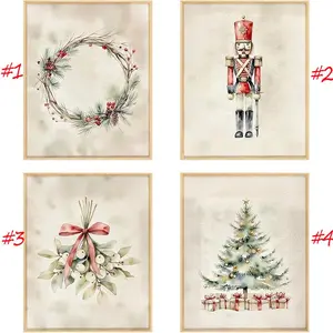 Rustic Watercolor Tree Toy Wreath Mistletoe Poster, Soft Vintage Christmas Prints, Neutral Festive Wall Art No Framed