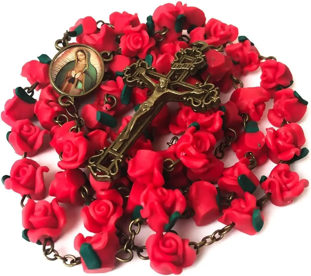 Our Lady of Guadalupe Red Rose Garden Rosary - Rosary Beads Catholic for Women - Catholic Gift - Antique Bronze Crucifix