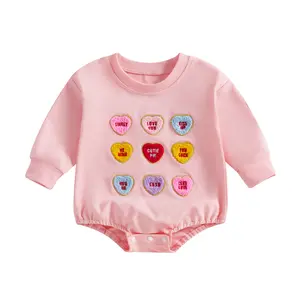 Valentines Day Baby Girl Outfit Colorful Heart Embroidery Long Sleeve Bubble Sweatshirt Romper Newborn Girls Fall Winter Onesie Bodysuit
