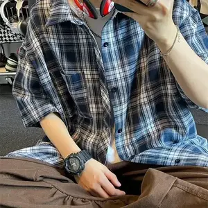 Men’s Casual Plaid Short-Sleeve Shirt for Summer — Japanese Vintage Loose Fit, American Style, Trendy Brand