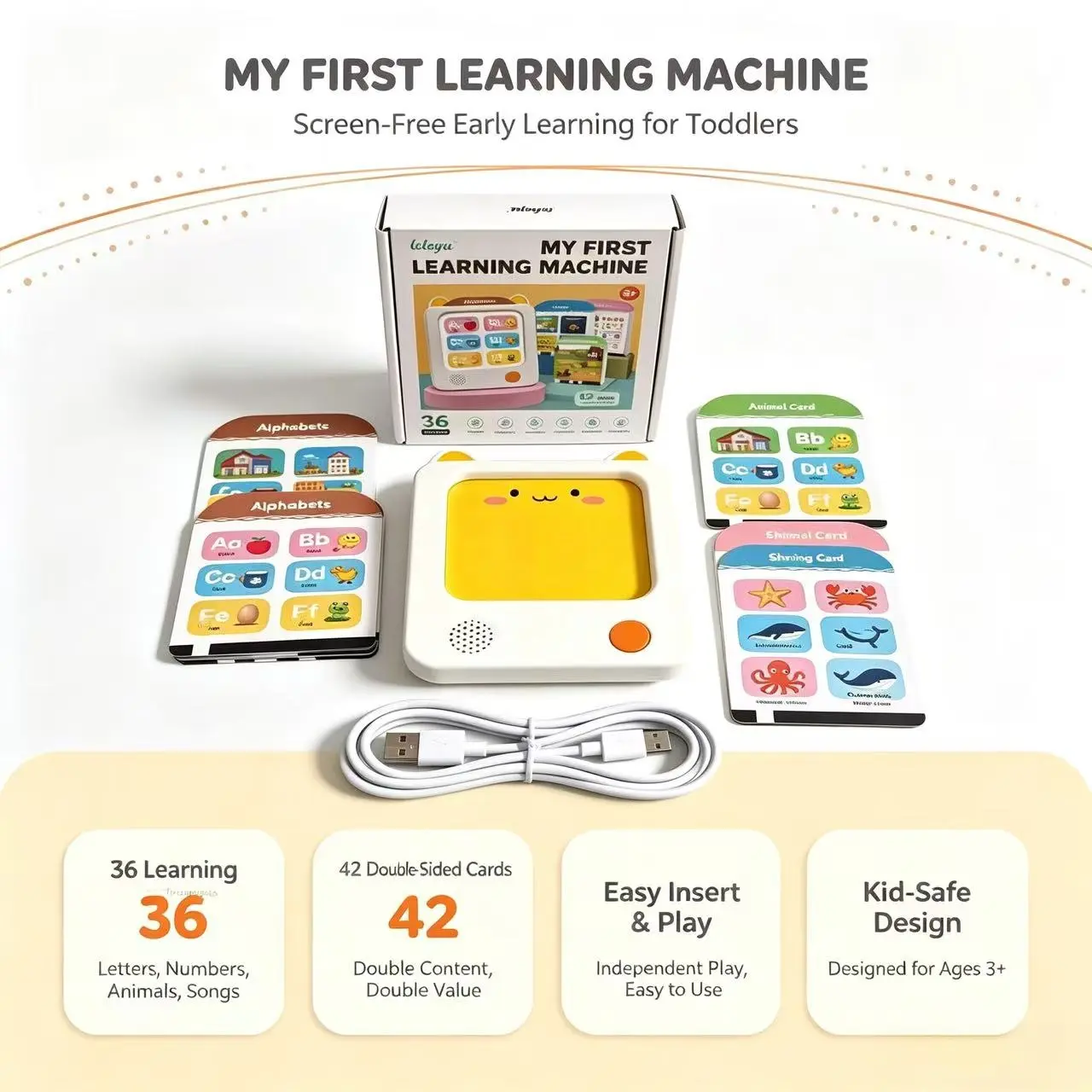 Unisex Screen-Free Flash Cards Reader Toy - Type-C Rechargeable LiPo Early Learning Talking Machine for Toddlers Ages 3+