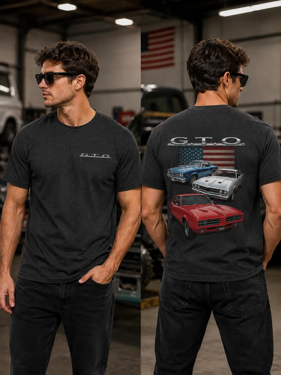 Classic Pontiac GTO Vintage 1964 1965 1969 American Flag Muscle Car T-Shirt, American Classic Car Graphic Tee, Retro GTO 1st 2nd Gen Enthusiast Shirt, Unisex Cotton Tee Gift