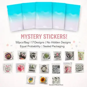 1Pc DIY Sticker Surprise Gift Box 50PCS, 17 Designs No Hidden Designs Equal Probability Sealed Pack for Scrapbook Journal Planner Notebook Laptop Water Bottle Phone Case, Cute Aesthetic Decals for Easter Graduation Teacher Appreciation Summer Crafts