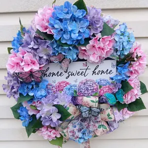 Pastel Hydrangea Butterfly Wreath, Spring and Summer decor