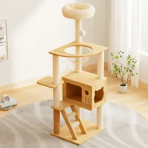 Aobtkel 48.8" Modern Cat Tower, Wood Cat Tree Tower for Indoor Cats, Cat Treewith Sisal-Covered Scratching Posts and Top Perch, Cat Condo with Acrylic Hammock for Small Large Cats    RR