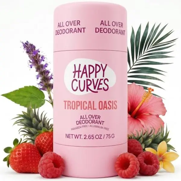 HAPPY CURVES All Over Whole Body Deodorant for Women - Aluminum-Free - Invisible All Day Layer of Full Body Protection for Long Lasting Odor Control, Sensitive Skin, & Private Parts - Tropical Oasis