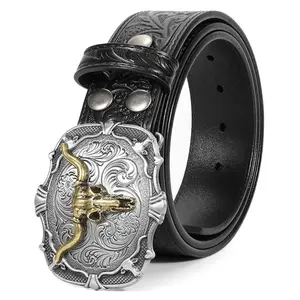 Men's Western Cowboy Belt | Retro Embossed Bull Head | American Classic Style