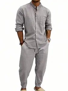 Men's Linen Casual Summer Set, Loose Fit Striped Stand Collar Long Sleeve Shirt and Pants, European and American Style, Cross-Border Fashion