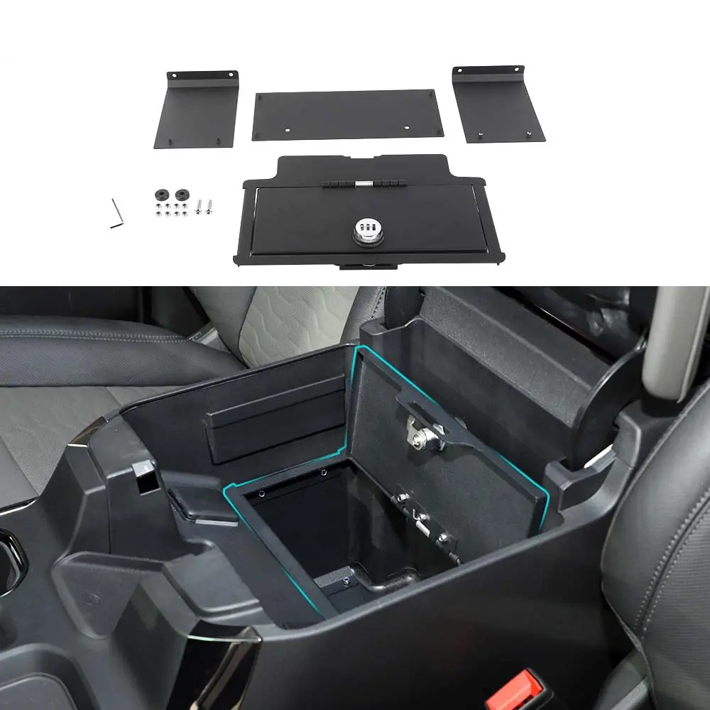Black Texture Car Console Safe Box, Security Storage Organizer with 4-Piece Laser-Cut Locking Armrest Lock for 2022+ Chevy Silverado/GMC Sierra Interior Stowing & Tidying