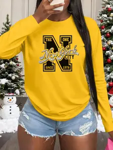 NEW YORK Letter Print Women's Casual Solid Color Pullover Top, Long Sleeve Spring & Fall Shirt, Home Leisure Wear, Short Sleeve Plain Tee