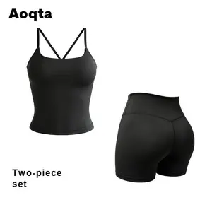 Aoqta Two-Piece Sporty Tracksuit Set - Black Solid Cross Back Crop Top & High Waist Shorts, Soft Elastic Fitness Outfits for Yoga, Workout, Indoor & Outdoor Activities