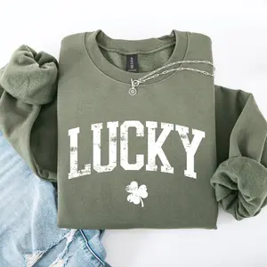 Lucky, Collegiate, Varsity, St Patrick's Day, Shamrock, Clover, Lucky, Leprechaun Sweatshirt, Crew Neck, Women's, Crewneck