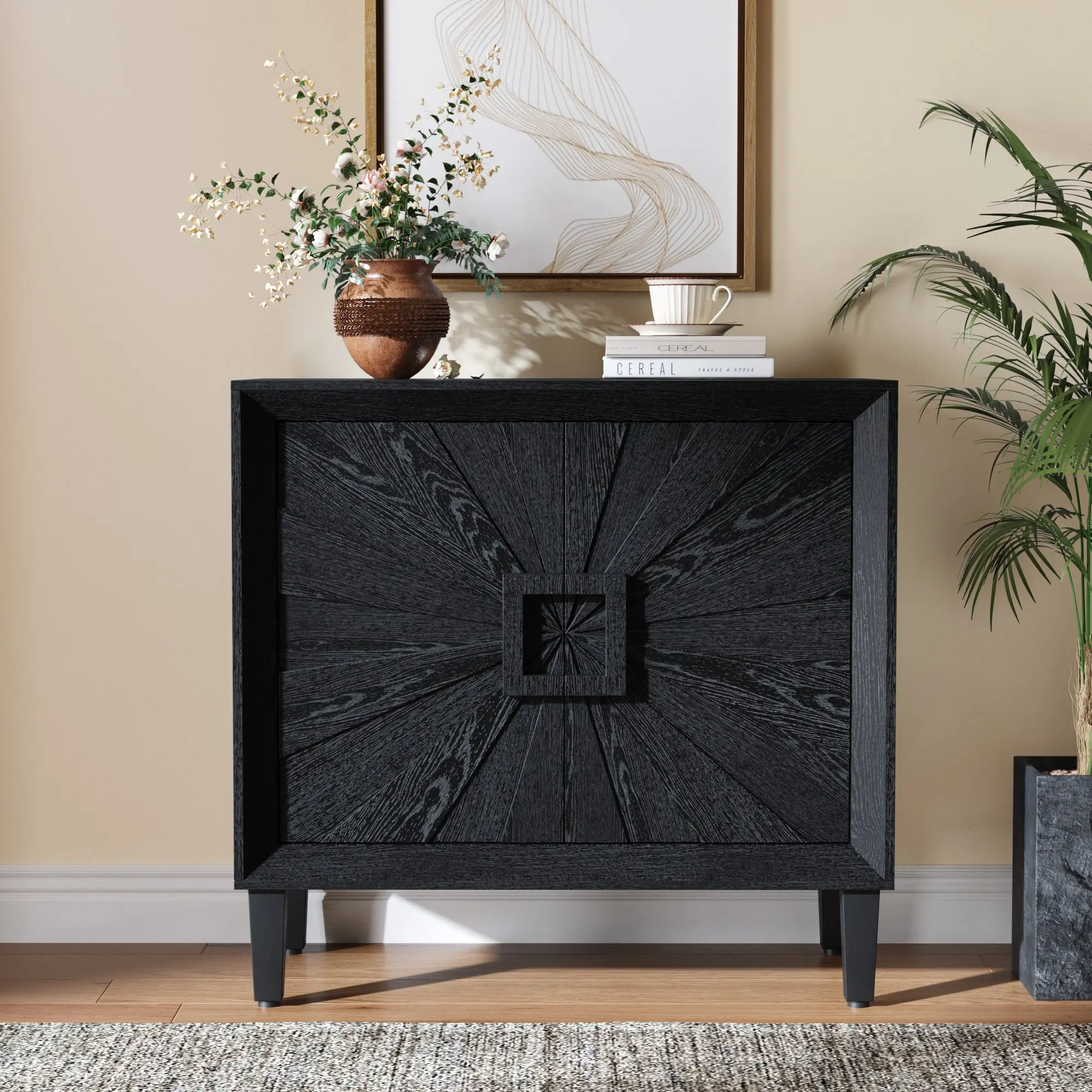 Mid-Century Sideboard Credenza, Black, 31.5 in Sunburst 2-Door