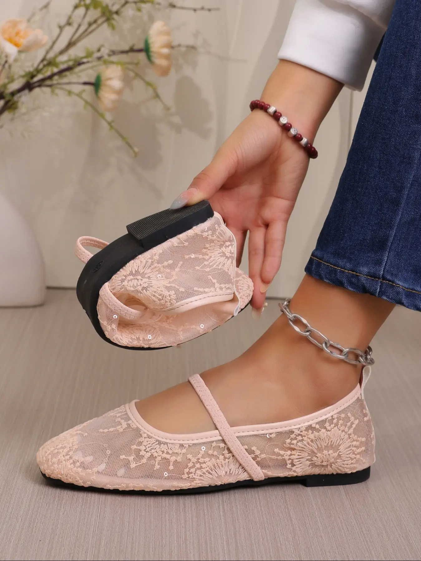 Women's Lace Ballet Shoes, Transparent Embroidered Rhinestone Straps, Buckle Design Fit, Soft Sole, Dance Training & Daily Wear