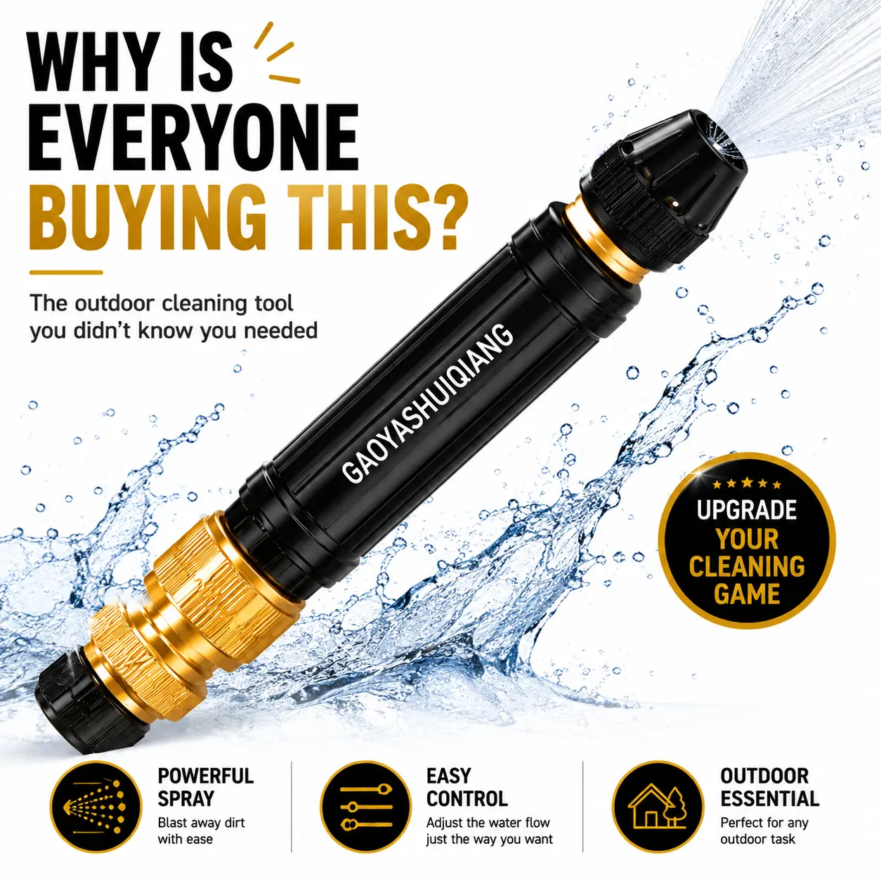 High Pressure Adjustable Jet Water Nozzle, Heavy-Duty Outdoor Spray Cleaning Tool for Car Wash, Garden Use, Adjustable Jet Spray