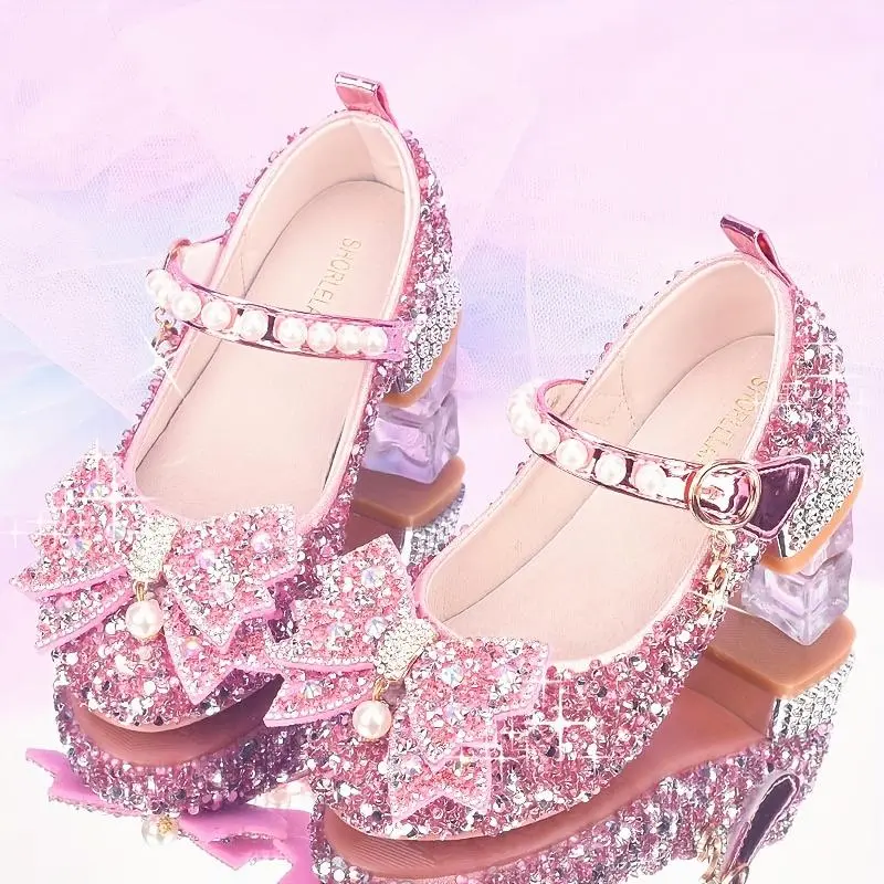 Girls' Princess Shoes Silvery Crystal Flats Elegant Catwalk Flower Girl Dress Shoes Kids Performance Shoes Little Girls Party Shoes